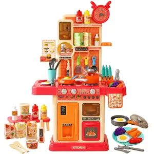 Kids Kitchen Playset with Realistic Sound & Lights, 45PCS Pretend Cooking Toy Set with Stove, Sink, Cookware & Accessories, Educational Role Play Kitchen for Toddlers Boys Girls Ages 3+
