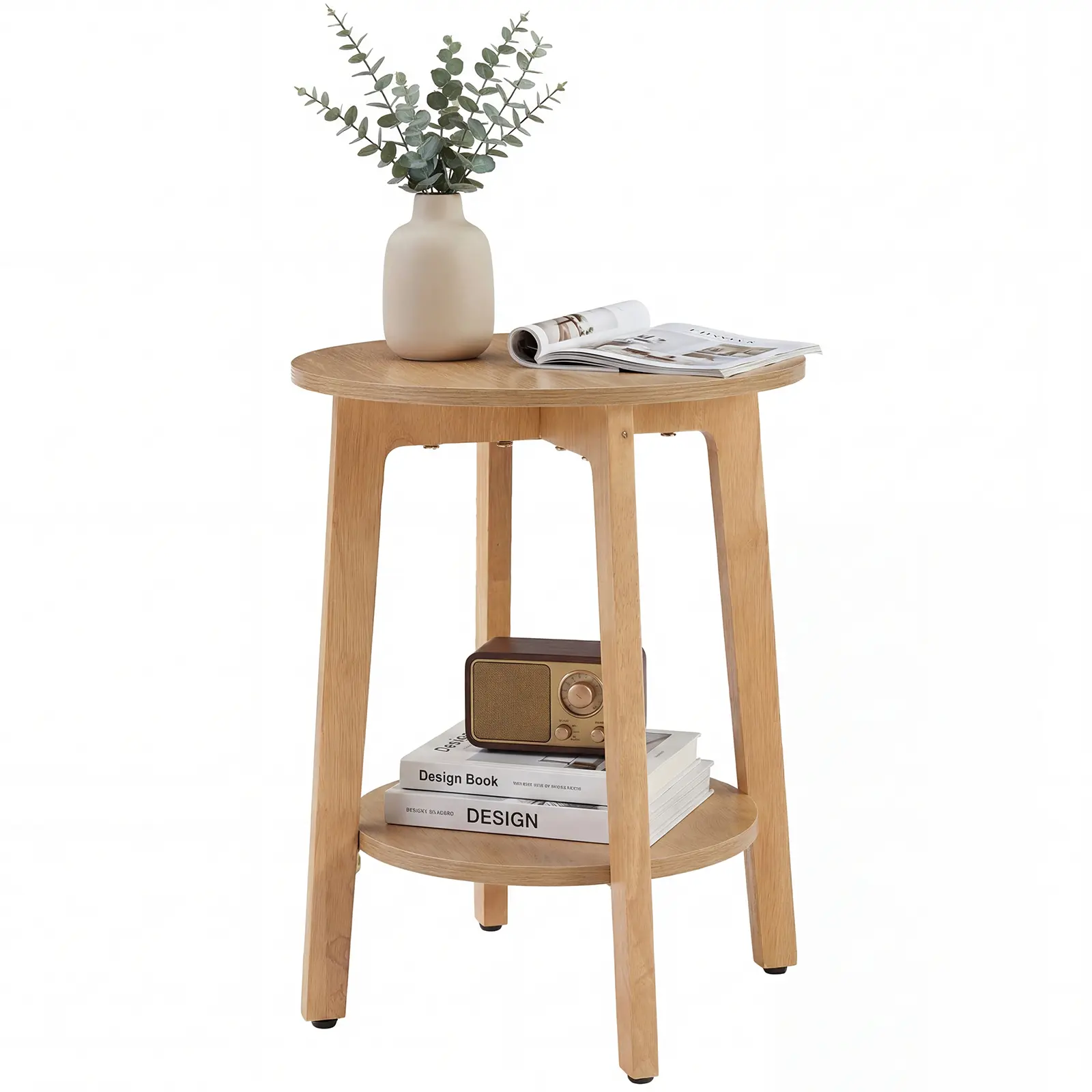 Sweetcrispy Nightstand Sets of 2 - Round 2-Tier Circular End Tables, 15.75" Dia x 20.28" Ht, Natural Wood Finish, Tapered Legs, Curved Transitions, Easy Assembly, for Small Spaces, Room Decor, Plant Stand