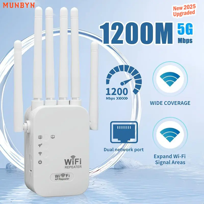 MUNBYN WiFi Extender 2025, 1200Mbps Dual Band Signal Booster (5GHz/2.4GHz) Covers Up to 10,000 sq. ft & Connects 50 Devices | Repeater with Ethernet Port for Home Use