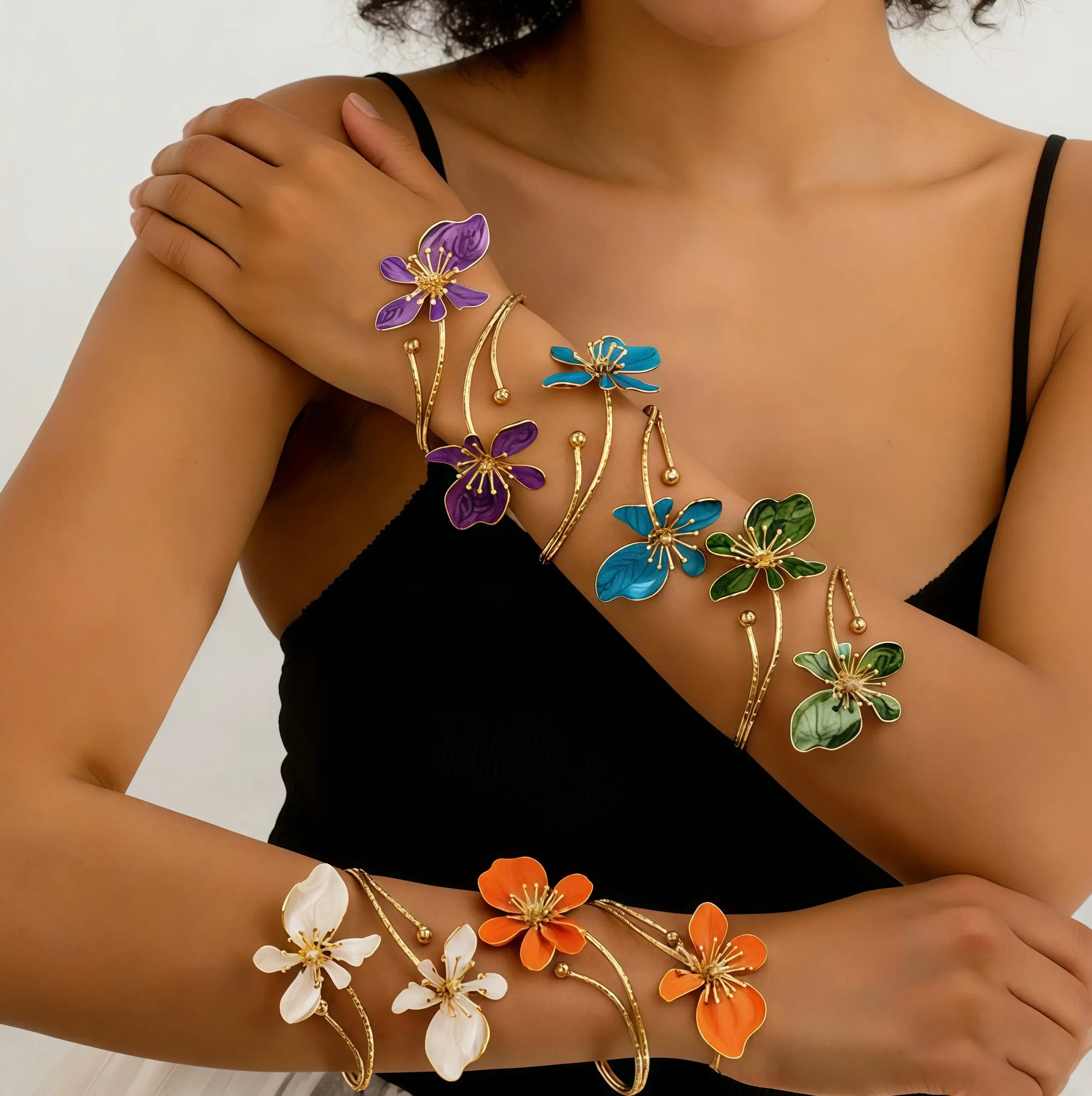 Women's Boho Enamel Flower Bangle Bracelet - Gold Metal Coating Adjustable Open Cuff, Boho Chic Aesthetic Statement Jewelry for Female Daily Wear & Parties, Fashion Bracelet, Flower Design Bracelet
