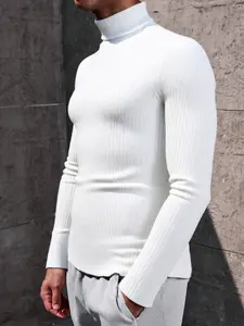 Men's High Neck Knitted Pullover Sweater, Slim Fit Knitwear, Casual Striped Design, Comfortable Warm Daily Wear, Fall & Winter Fashion