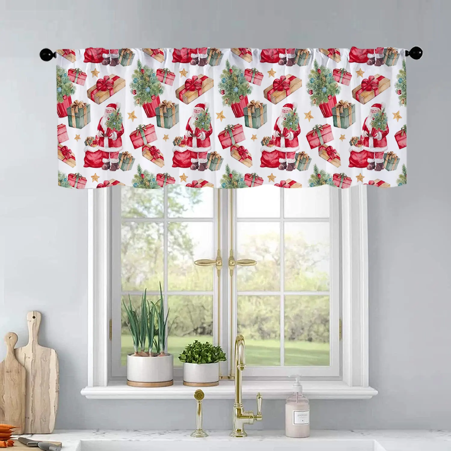 1pc Christmas and New Year printed kitchen curtains Santa Claus with Christmas tree and big curtains valance window treatment living room bedroom home decor 54 x 18 inch