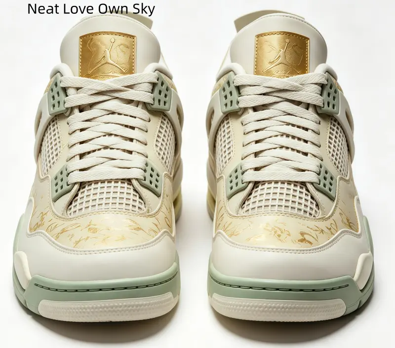 Soft Beige Printed High Top Casual Trainers Men Women, Gold Accent Mint Green Cushion Walking Sneakers, Stylish Street Lace Up Shoes for Outdoor Lifestyle Daily Street Style Wear