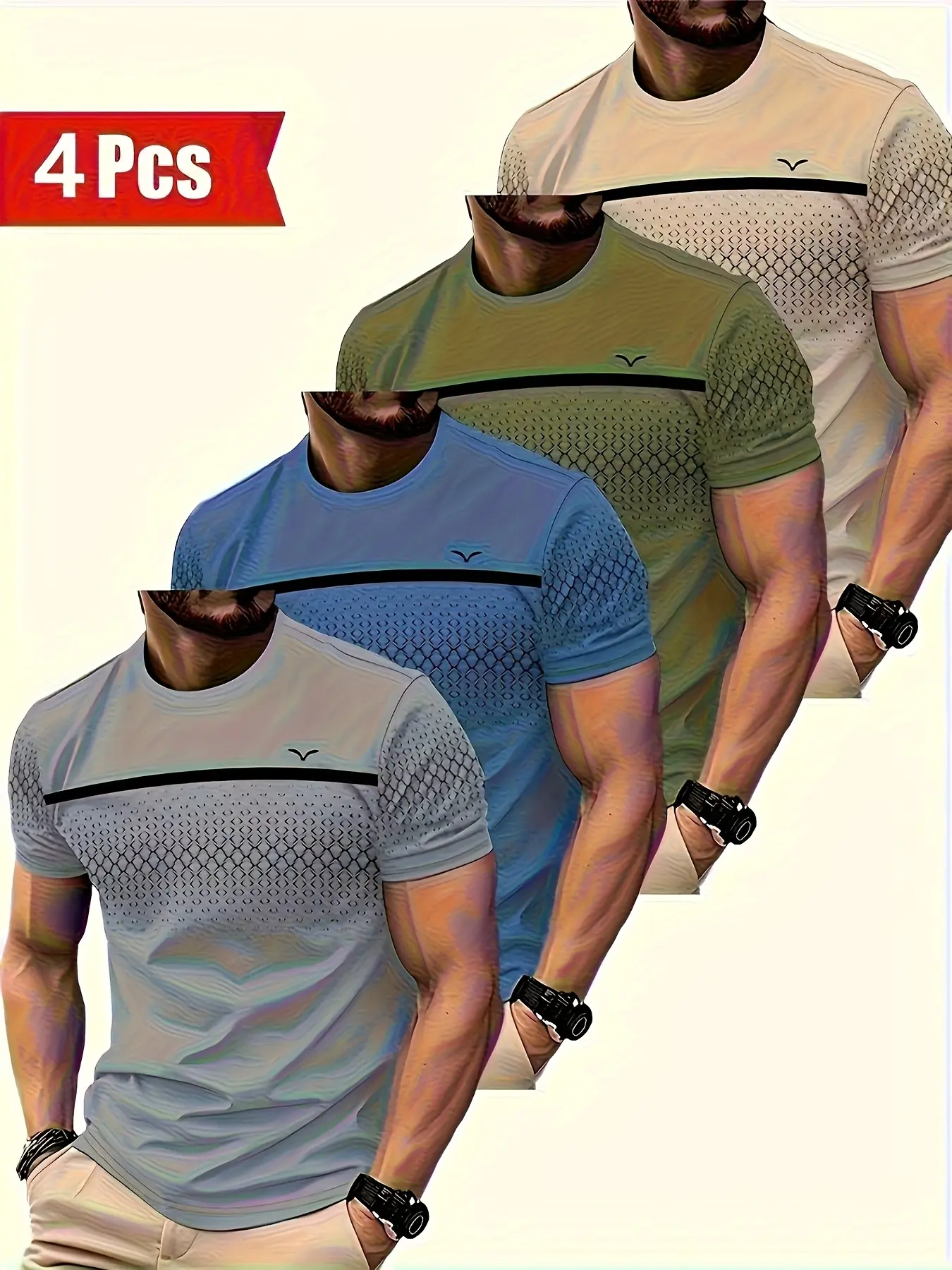 4 pieces of men's quick-drying breathable swimsuits, beachwear, gym-specific T-shirts, Training shirt, color-matched striped casual round-neck T-shirts suitable for swimming, beach, gym use, Active Wear, Athletic Sports Clothing, Activewear Clothing
