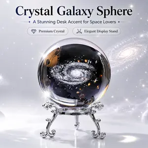 3D Laser Engraved K9 Crystal Glass Ball with Metal Stand, Decorative Desk Ornament for Home Office, Gift for Men