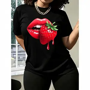 [Strawberry Lip T-Shirt] Women's Casual T-Shirt with Strawberry Lip Print - Regular Fit, Short Sleeve, Machine Washable - Ideal for Spring/Summer/Fall - Perfect for Sisters