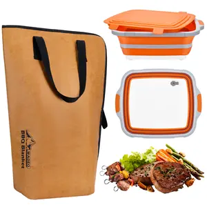 Collapsible Large BBQ Prep Tub & BBQ Resting Bag, Portable Smoking BBQ Blanket Prep Bucket for Resting Meat, Meal Prep, Marinating, 3in1 Foldable Meat Prep Tub Cutting Board with Locking Lid