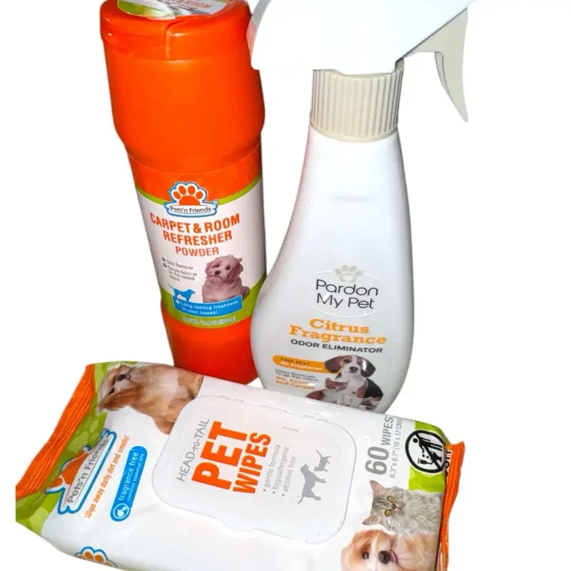 3-Pc Pet Care Set-Pardon My Pet Citrus Fragrance Eliminator 12Fl oz, Pets&Friends Carpet & Room Refresher Powder 17.oz,Head to Tail Pet Wipes 60wipe ct.