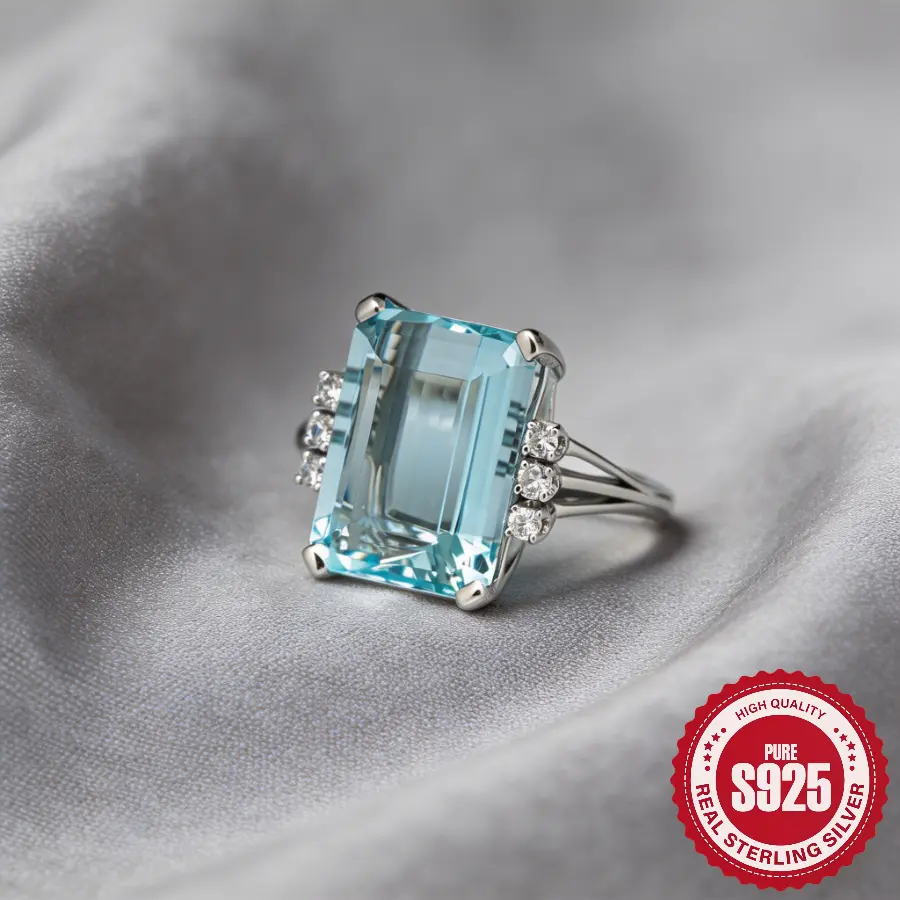 S925 Sterling Silver Birthstone Ring - Emerald Cut Aquamarine, Side Step Cut Crystal Accents, Unisex Colored Gemstone/Cubic Zirconia Ring for March Birthdays & Everyday Wear, Birthstone Rings, Crystal Rings