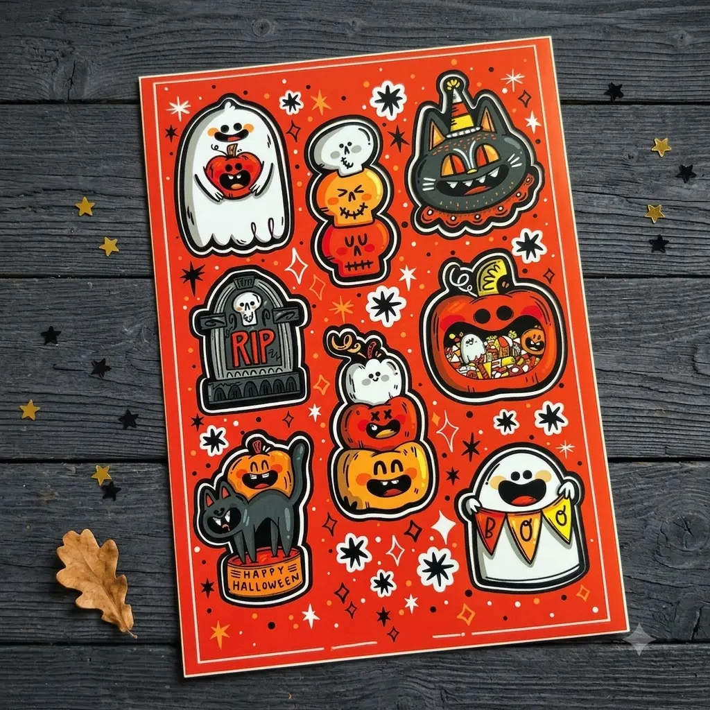 Cute Halloween Sticker Sheet, Spooky Ghost Pumpkin Planner Stickers, Black Cat RIP Decals, Autumn Scrapbook Journal Sticker Pack