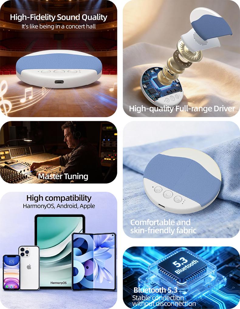 ZIZI SAUCE Ultra-Thin Bluetooth Pillow Speaker with Small Night Light white noise Bluetooth 6.0  Compatible with Android & iOS，Soft Immersive Sound Field, Air Conduction Audio Design, Pillow Speaker for Bedtime Music& Audiobooks, Sleep Sound,Portable