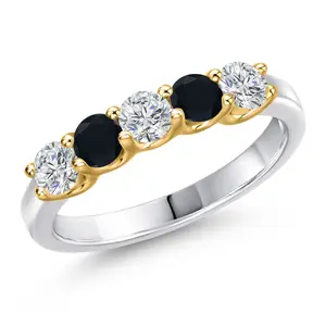 Gem Stone King 10K Two Tone Gold Lab Grown Diamond and Black Onyx Wedding-Bands Ring For Women | 0.77 Cttw | Round 3.5MM | Gemstone April Birthstone