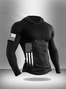 Men's Vintage American Flag Patch Hoodie, Ultra Soft Breathable Mixed Fabric, Casual Fitted Design, Multiple Colors, Sporty Style, Athletic Hoodies
