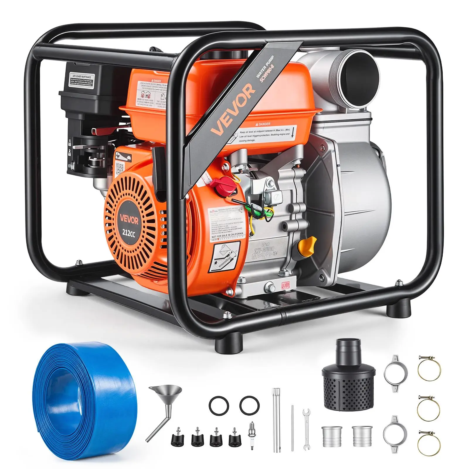 【Summerfinds】VEVOR 3-in Gas Powered Semi-Trash Water Transfer Pump, 7 HP Power, 264 GPM, Cast Iron Impeller, Heavy Duty Frame, 25 ft Discharge Hose, Anti-Vibration Pads, for Ponds, Drainage, Floodwater