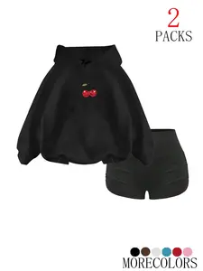 Women's Fall Winter Casual Knit Hooded Sweatshirt Set, Cherry Print Drawstring Adjustable Pullover with Pockets, Fashionable Loose Fit Jogger Outfit Womenswear Clothes