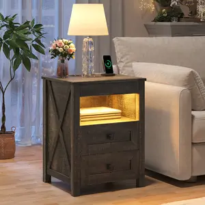 FREDEES Nightstand with Charging Station and LED Lights Furniture Bedroom Modern Design Bedside Table Drawer Home,Hidden drawer,Brown