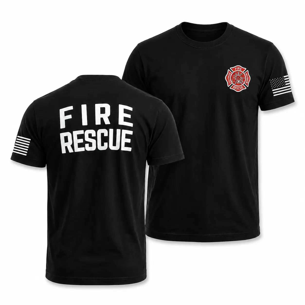 [MADE IN US] Unisex Casual Multi-Size Fire Rescue T-Shirt Top - Bold Back Graphic, Fire Department Badge Detail, American Flag Sleeve, Gift For Firefighters