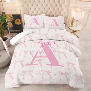 Pink bow background letter pattern bedding set, including 1 Letter Print Blanket and 1 or 2 pillowcases without pillowcases, soft children's and adult bedroom decoration gifts, Bedding Supplies