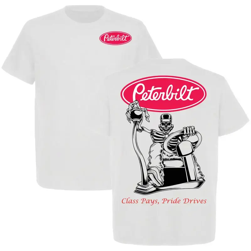Peterbilt Trucker Skeleton Graphic T-Shirt, Class Pays Pride Drives Truck Driver Tee, America Trucking Lifestyle Shirt for Big Rig Fans, Menswear