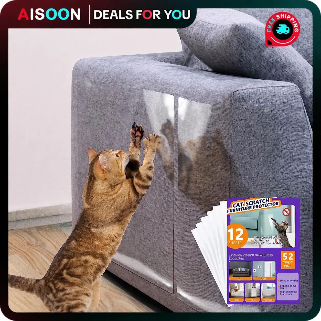 AISOON 60 Pcs Cat Scratch Furniture Protector Single Side Couch Protector for Cats, Self-Adhesive Cat Tape for Furniture,Cat Scratch Deterrent for Furniture