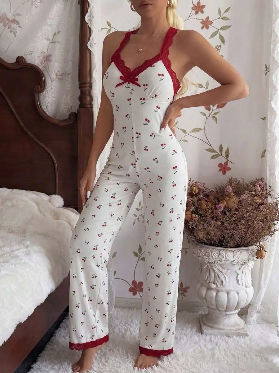 Women Cherry Print Sleeveless Jumpsuit Pajamas | Red Contrast Lace Trim V Neck Onesie | Cozy Sleepwear