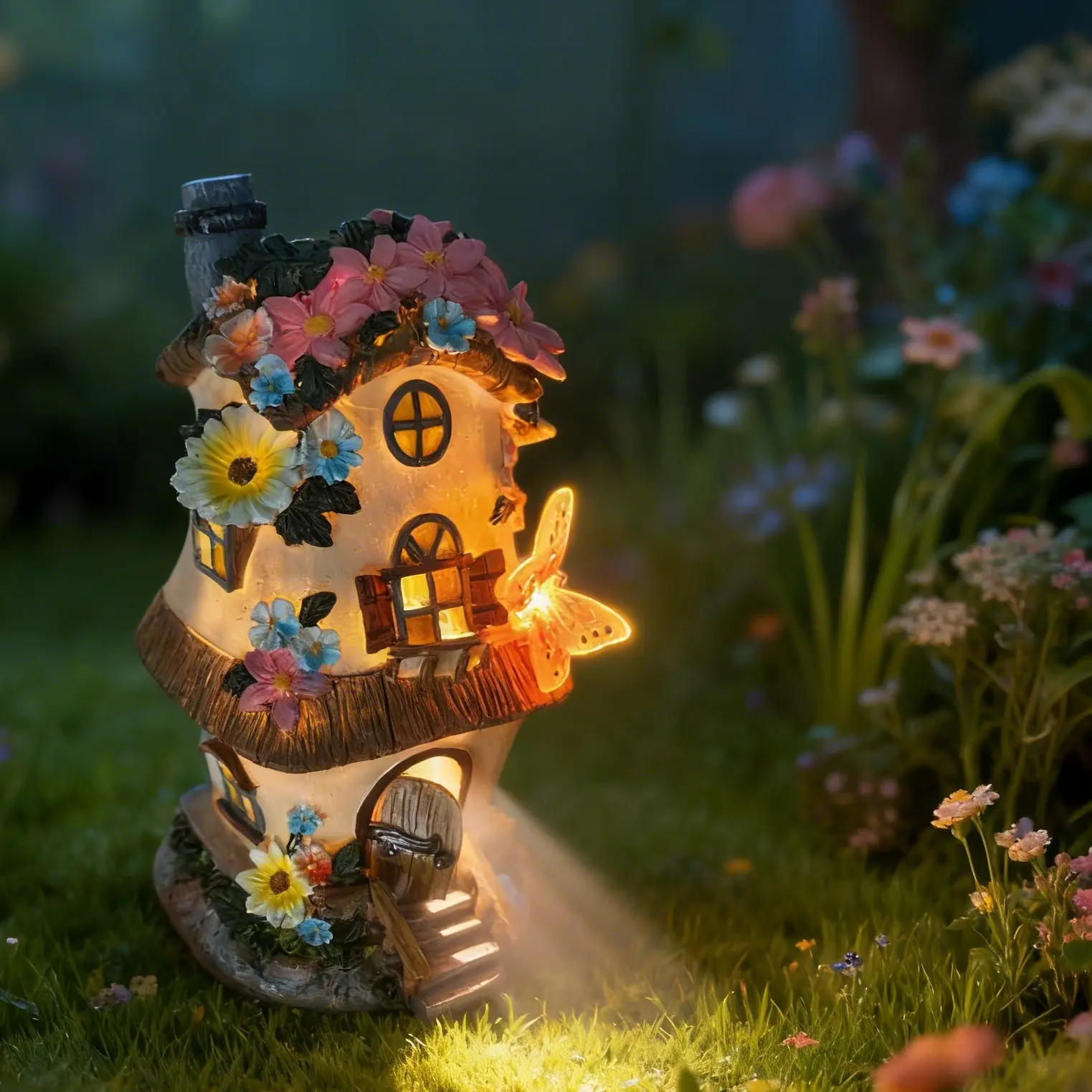 Solar Outdoor Statue Light Resin Fairy House Butterfly Flower 3D Solar Light Easter Decoration Camping Light Room Decor For Villa Mall Indoor Pool Garden Fence Table Indoor Outdoor Birthday Mother S Day Gift For Grandma Mom Wife Daughter Friend IP66