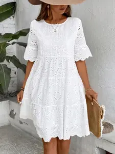 Women's Plain Eyelet Embroidery Dress, Elegant Round Neck Short Sleeve Dress for Summer, Bohemian Summer Dresses, Ladies Clothes for Daily Wear, Casual Wear, Casual Everyday Wear, Womenswear, Casual Bohemian Dress