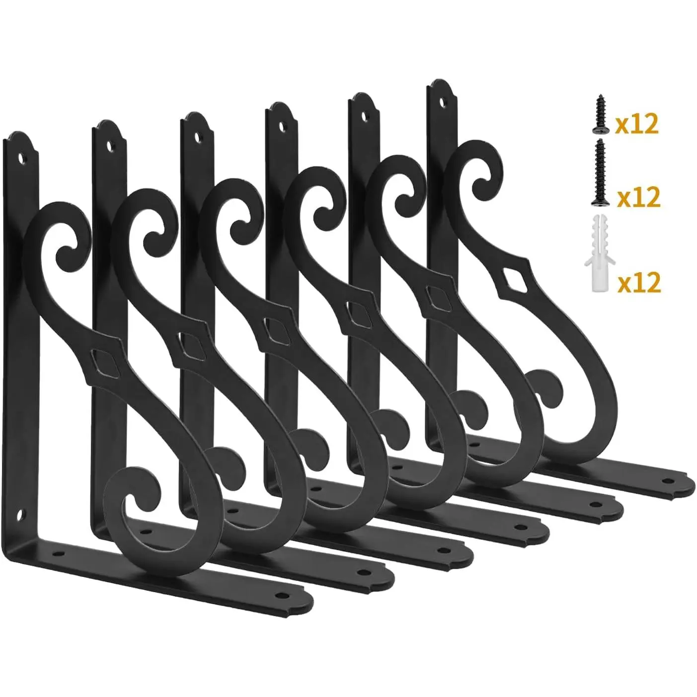 8 Inch Decorative Shelf Brackets, 6 Pack Wall Mounted Metal Shelving Brackets, Heavy Duty Shelf Supports, Rustic L Shape Brackets for Floating Shelves DIY Home Kitchen, with Screws