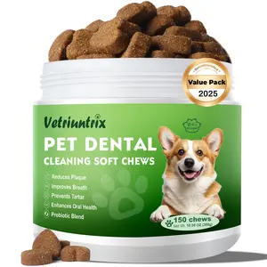 Vetriuntrix Pet Dental Cleaning Soft Chews 150 Count for Small Medium Large Dogs with Natural Enzymes Plaque Tartar Control Teeth Powder Bad Breath Treatment care