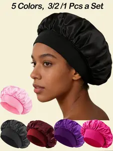 3/2/1-Pcs Sleep Caps, Bonnets for Sleeping, Elastic Wide Brim Silk Satin Hats, Soft Breathable Design, Anti-Slip Inner Band, Casual Loose Fit, All Seasons