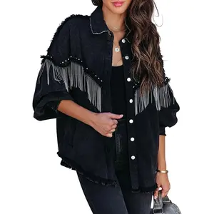 Oversized Fringe Denim Jacket for Women Frayed Sparkly Tassel Jean Shacket Cowgirl Western Country Concert Outfits