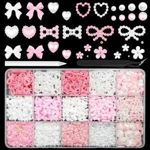3D Bow & Heart Nail Charms Set with Tweezers and Picker Pen, 1000pcs/box Pink & White Unscented Assorted Shapes Nail Art Decorations for Press on Nails Nail Accessories, Nail Art Kit, Nail Art Supplies
