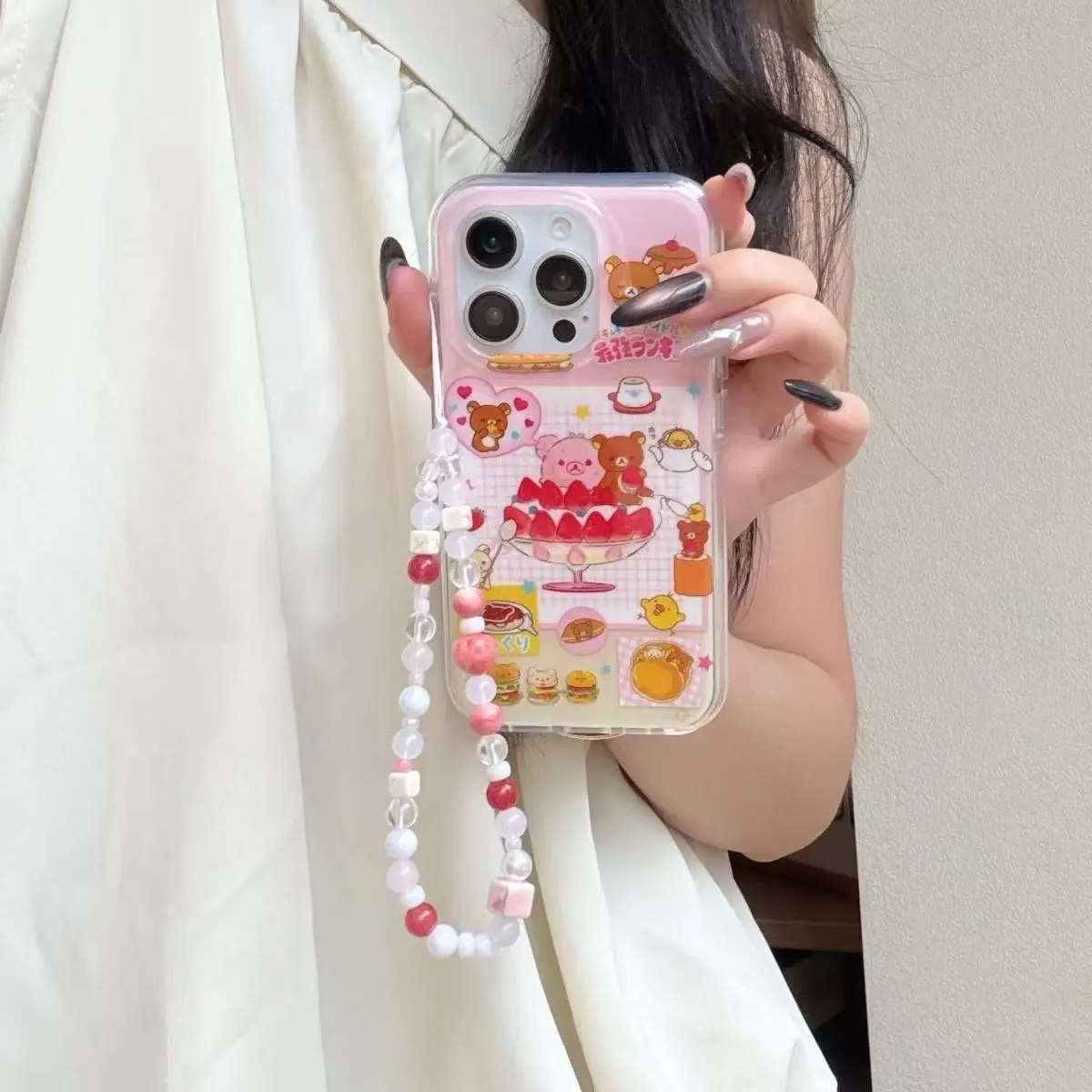Crystal white strawberry Shaved ice bear mobile phone case cover with chain Protection for iPhone 11 12 13 14 15 16 promax Protective Accessories