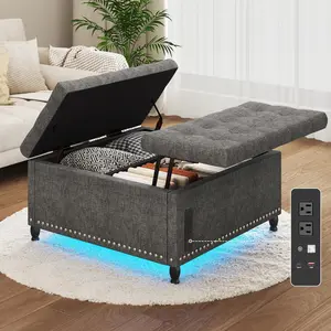 Ottoman with Outlets and LED Lights,35" Large Square Storage Ottoman,Coffee Table Ottoman with Lift Top & Wooden Legs Morden Grey Footrest for Living Room, Bedroom