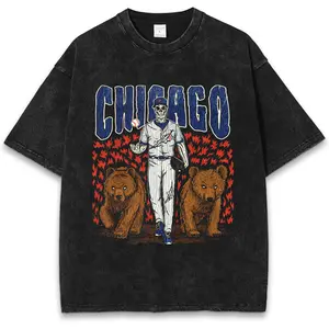 [Sale Up To 40%] Chicago Baseball Wash Tee, Vintage Bear Mascot Baseball Shirt, Retro Fire Skeleton Graphic T-Shirt, Cubs Baseball Fan Washed Streetwear