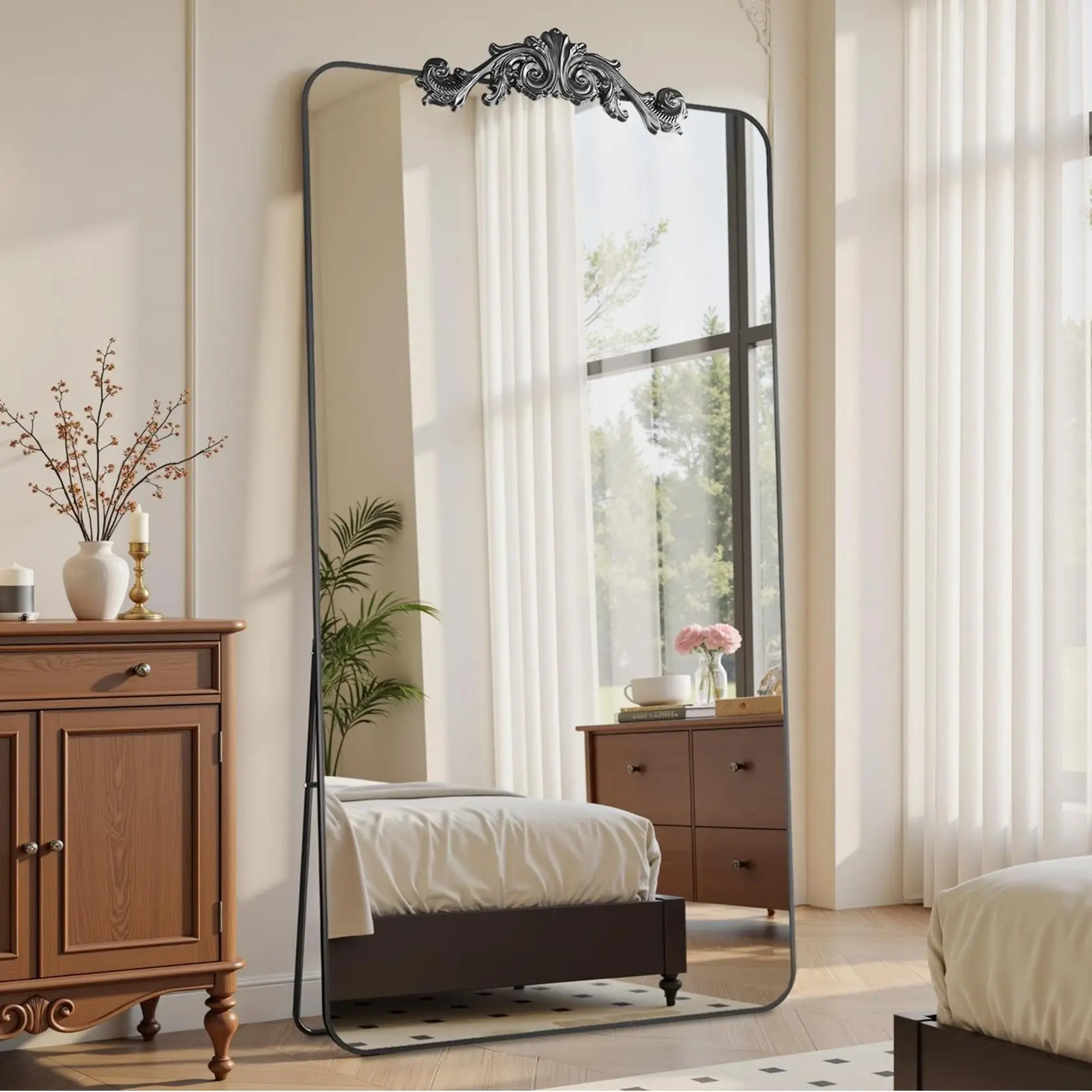 Vintage Full Length Mirror, 81"x41" Floor Mirror with Carved, Full Body Mirrors for Home Decor, Standing/Hanging Large Wall Mirrors for Bedroom/Living Room/Entryway, Black, Retro Style