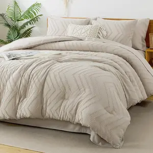 King Size Comforter Set with Sheets Beige - 7 Pieces Bed in a Bag Chevron Tufted Boho Luxury Bedding Sets with Comforter, Sheets, Pillowcases & Shams