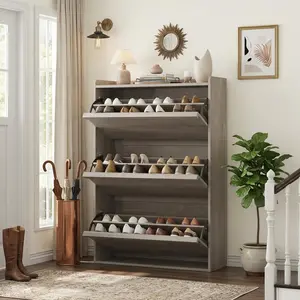 ZR-GARVEE Modern 3-Drawer Flip Shoe Cabinet, Slim Entryway Organizer with Adjustable Shelves, Space-Saving Hidden Shoe Storage for Hallway & Living Room, Mid-Century Style