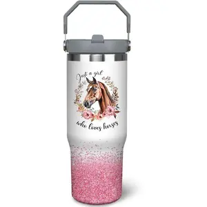 30oz Horse Tumbler Cup with Handle, 30 OZ Pink Travel Coffee Mug Water Bottle Stainless Steel Vacuum Insulated, Horses Decor Stuff Gifts Accessories for Women Girls