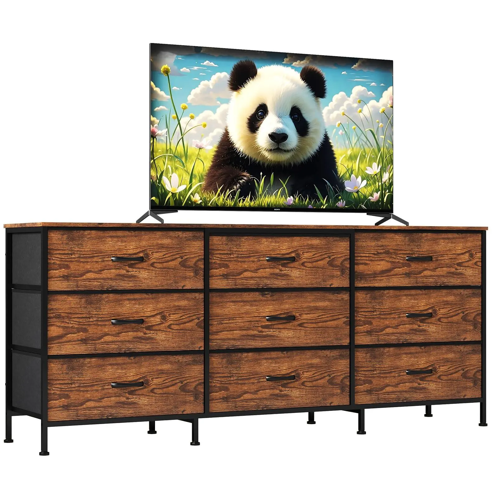 Gaomon 63in TV Entertainment Center with 9-Drawer Dresser, Wide Stand for 55-70in Screens, Fabric Drawers, Large Storage Cabinet, Metal Frame, Durable Particle Board Top, Adjustable Legs, Quick Setup for Bedroom/Living Room