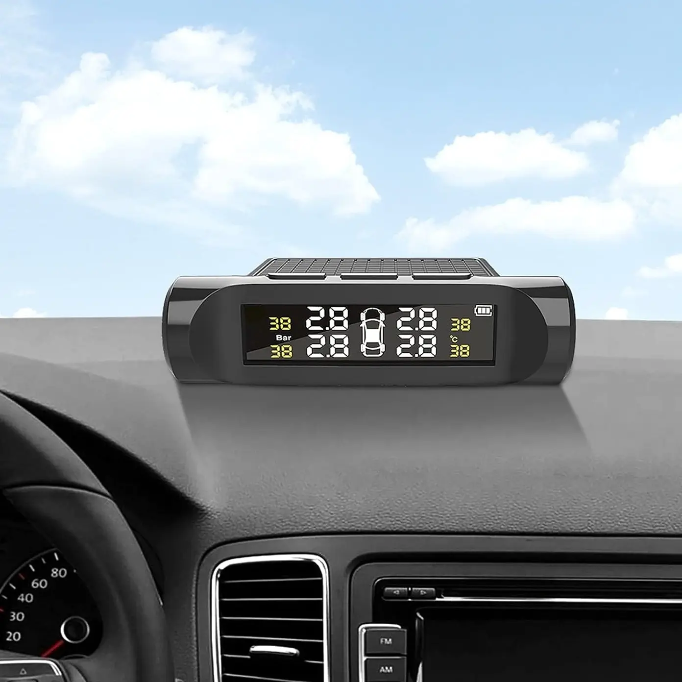 Solar TPMS, Car Tire Pressure Monitoring System, Wireless External Sensor with Digital LCD Display, Auto Tire Pressure Alarm System