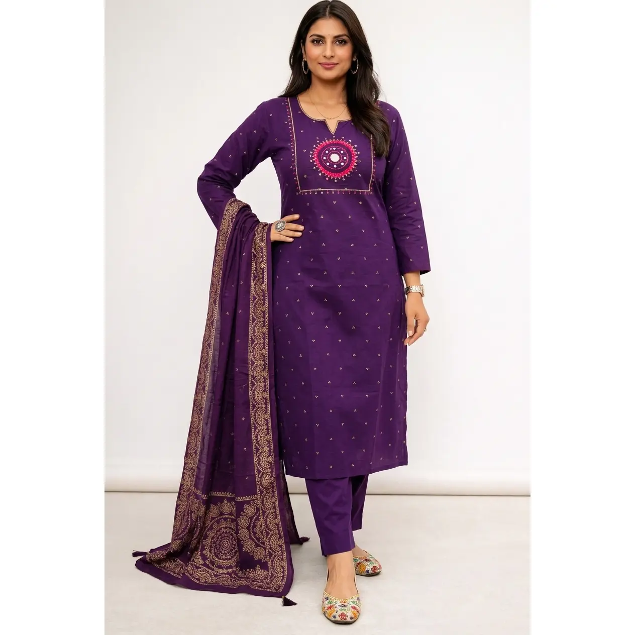 Women's Purple Traditional Cotton Designer Suit with Crew Neck, Kalamkari Mirror Work, Bottom for Elegance