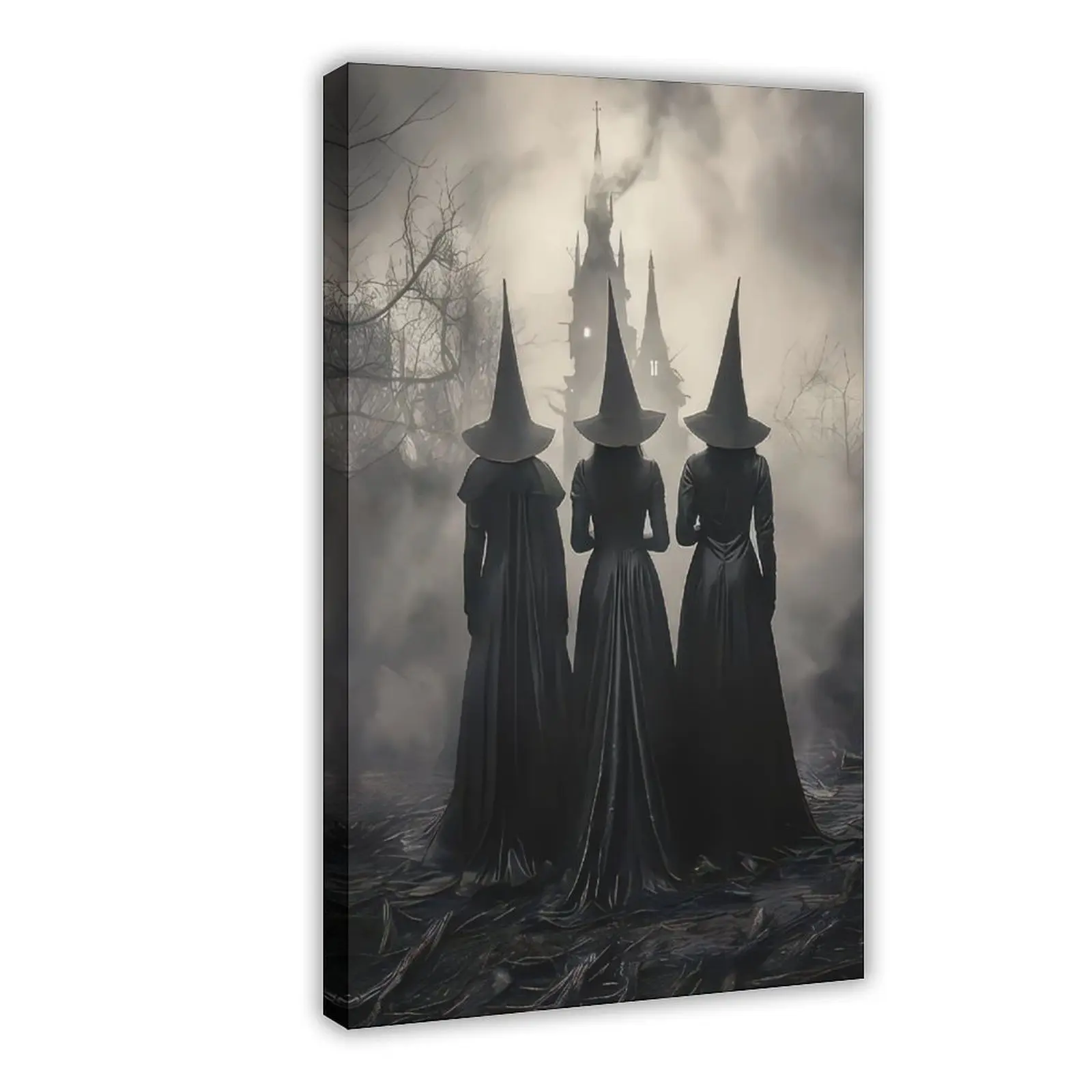 Vintage Plaid Halloween Witch Silhouette Canvas Poster, Gothic Art Print with Haunted Castle Background, Artistic Photo Frame-Style Home Decor, Ideal Gift for Living Room Wall Decoration
