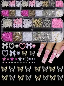 NEW 95pcs 3D Y2K Nail Charms Set, Rhinestones, Pearls, Diamonds, Butterflies, Bows, Hearts & Flowers for Nail Art Decoration, Diy Rhinestone
