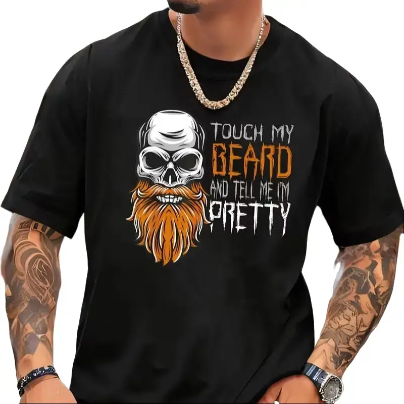 Men's Thick Regular Fit Short-Sleeve Classic Casual Graphic Tee - Ginger Skull "Touch My Beard And Tell Me I'm Pretty" Funny Cotton Top for Barbershop Visits, Foldable Cargo Pants