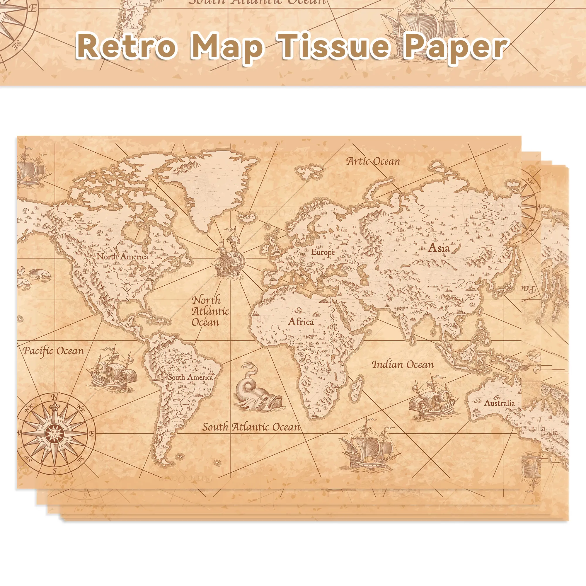 50 sheets of vintage world map tissue paper, size 50×35 cm, moisture-resistant decorative cotton paper with a retro nautical print, suitable for gift boxes, candy, bouquets, and handmade DIY party decorations