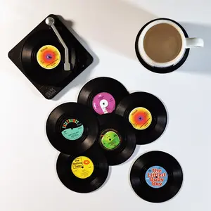 Set of 6 Coasters With Record Player Holder  Non-Slip Record CD | Gift for Music Lovers