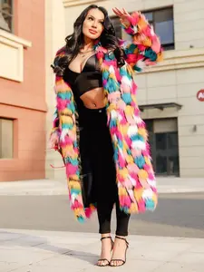 Women's Colorblock Faux Fur Jackets, Street Fashion Long Sleeve Fitted Coat for Daily Outdoor Wear, Women's Clothing for Fall & Winter, Fashion Outerwear