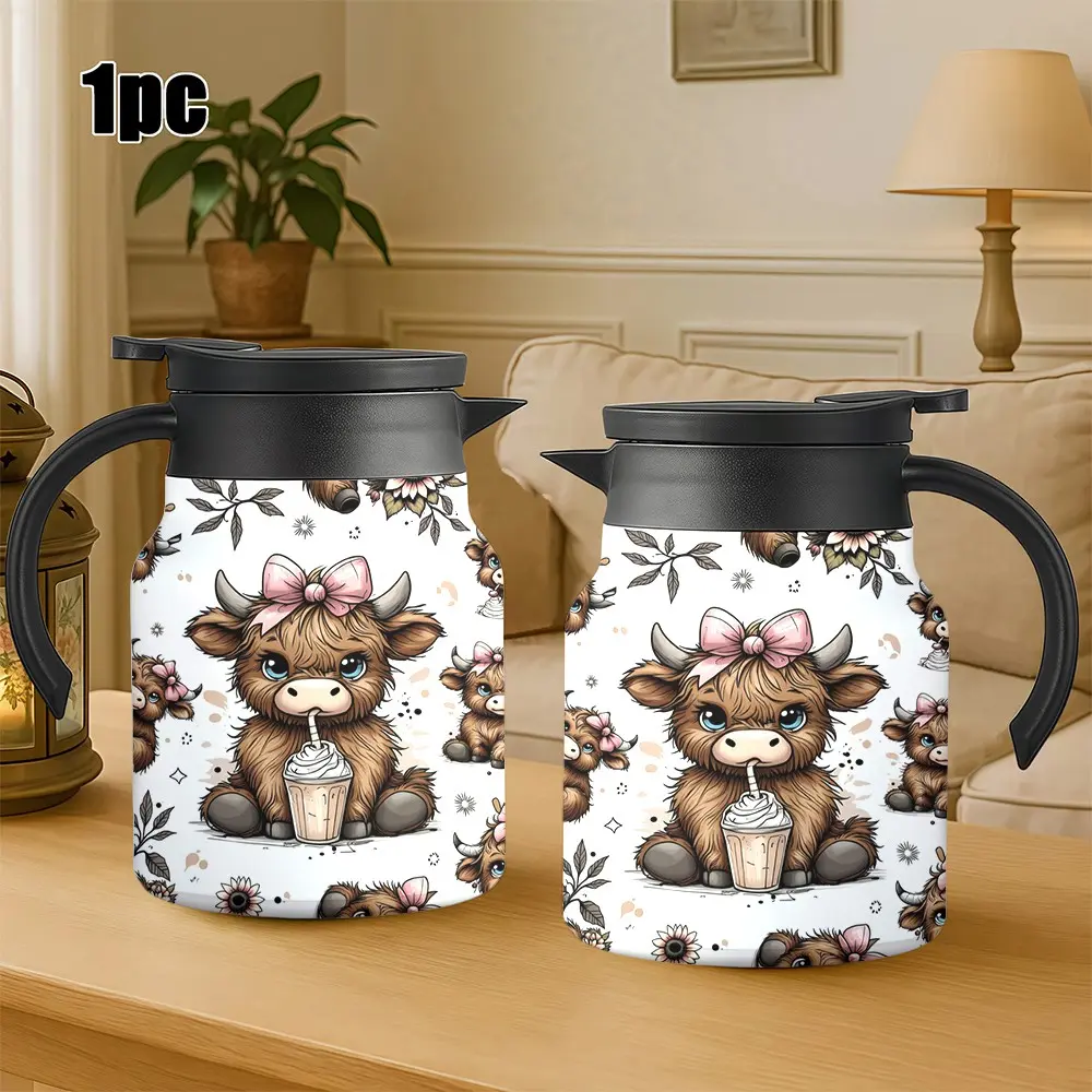 34oz Insulated Coffee Carafe with Handle, Just A Girl Who Loves Highland Cows Floral Print, Stainless Steel Thermal Pitcher, Thermal Flask, Insulation Flasks, Insulated Travel Drinkware, Keep Drinks Hot & Cold, Gift for Highland Cow Lovers