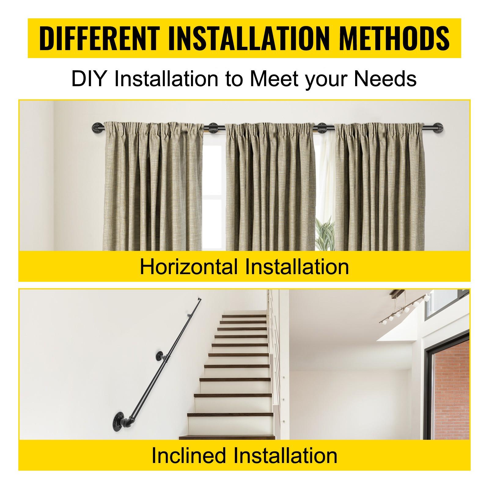 Pipe Stair Handrail, 9 Ft Staircase Handrail, 440 Lbs Load Capacity Carbon Steel Pipe Handrail, Industrial Pipe Handrail With Wall Mount Support, Round Corner Wall Rails For Indoor And Outdoor Use